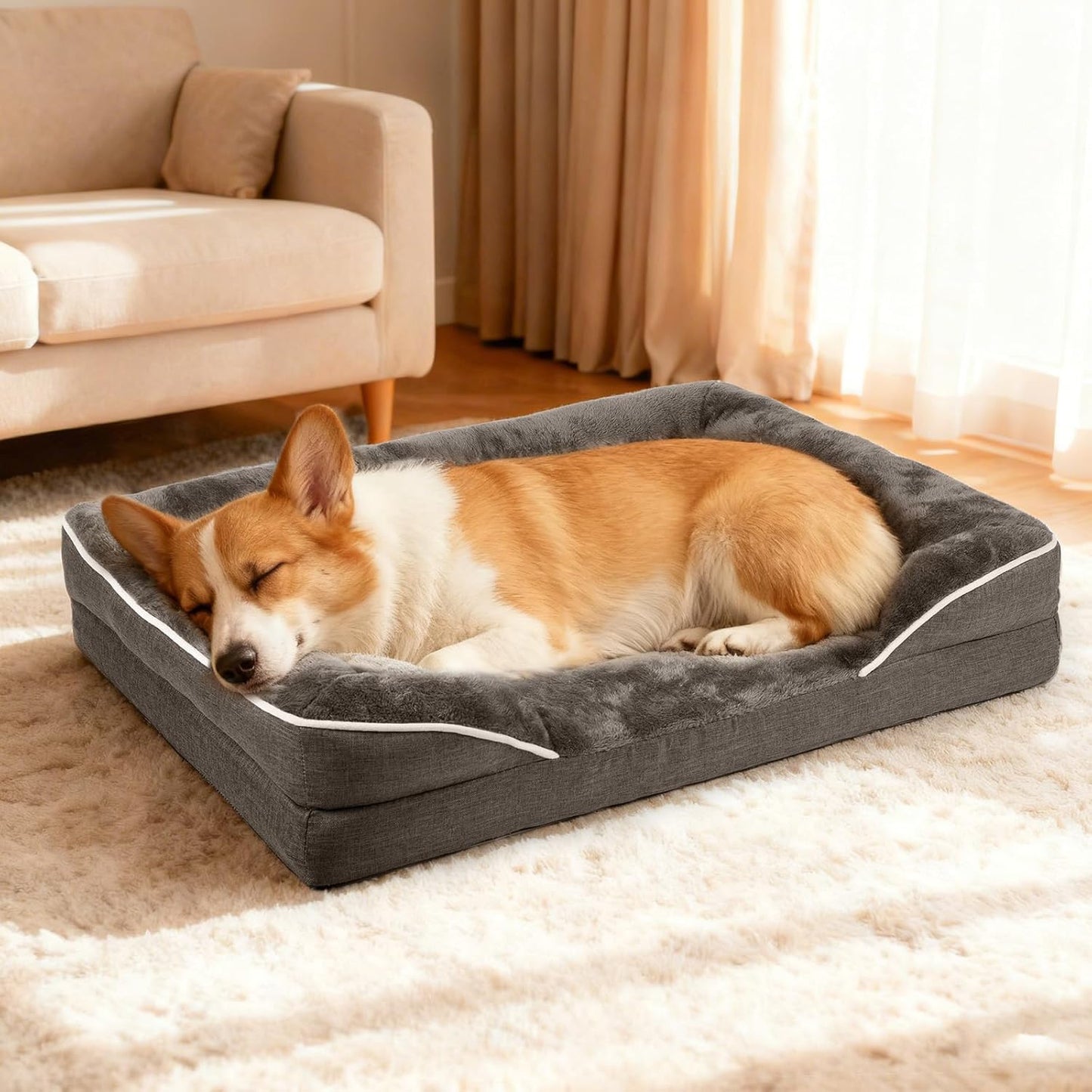 Cozy Dog Bed for Small to Medium Breeds - Washable Faux Fur Cushion in Dark Grey 