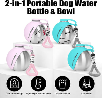 Stainless Steel Portable Dog Water Bottle with Bowl - 10 Oz No-Spill Travel Dispenser for Small Dogs, Ideal for Walking and Hiking