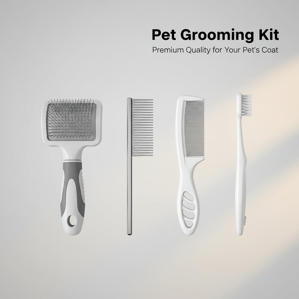 Professional Pet Grooming Kit - 4-Piece Set Including Self-Cleaning Slicker Brush, Dual-Sided Stainless Steel Dematting Comb, Tear Stain Comb, and Fur Removal Tool for Dogs and Cats with Long or Short Hair