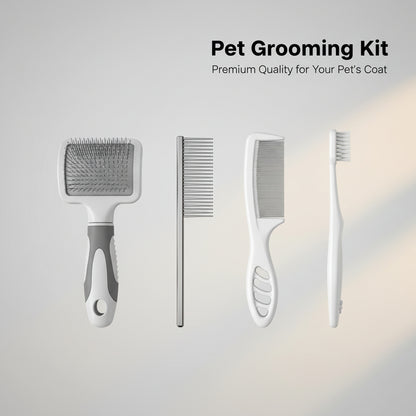 Professional Pet Grooming Kit - 4-Piece Set Including Self-Cleaning Slicker Brush, Dual-Sided Stainless Steel Dematting Comb, Tear Stain Comb, and Fur Removal Tool for Dogs and Cats with Long or Short Hair