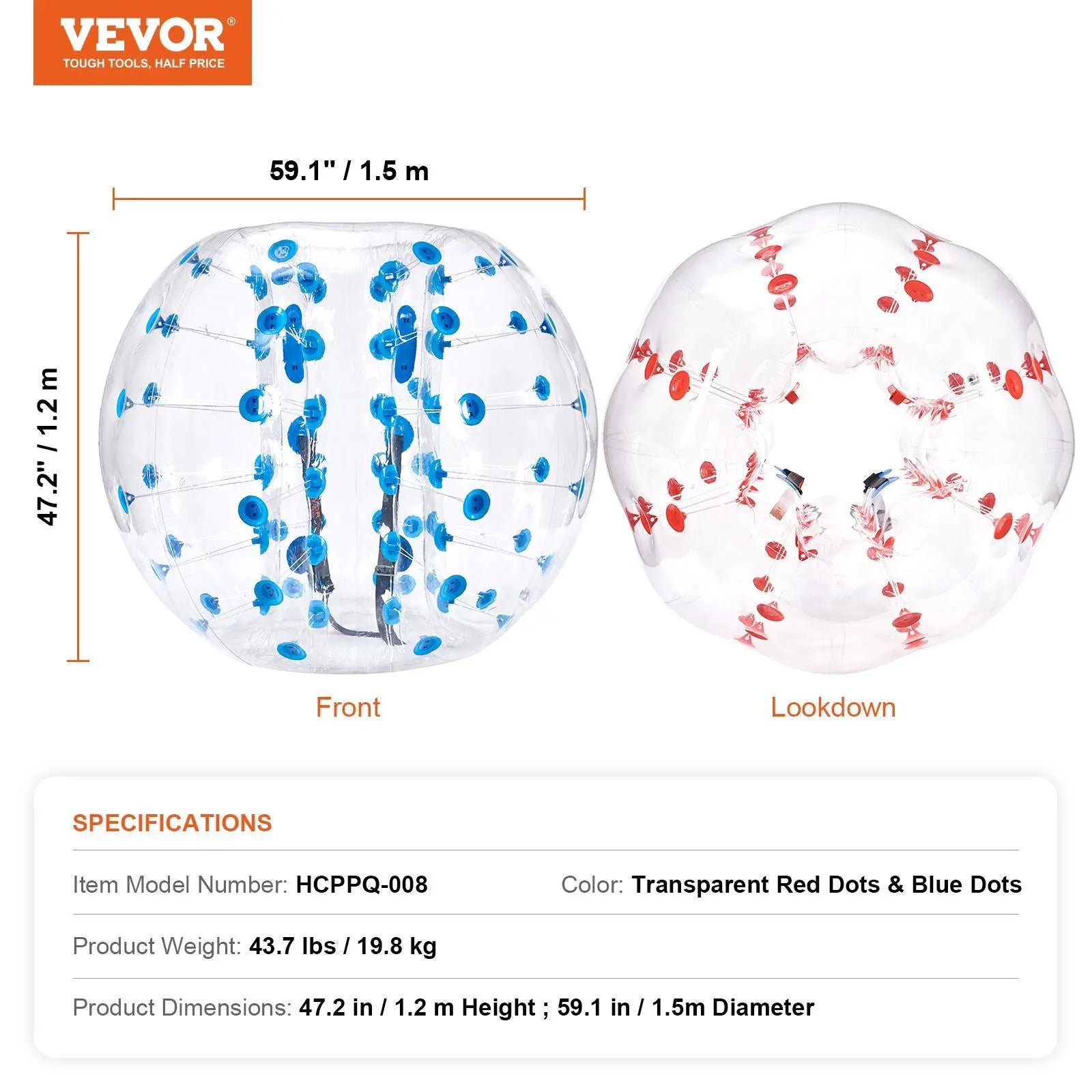 Vevor Inflatable Bumper Balls 2-Pack - 5FT/1.5M Body Sumo Zorb Balls for Teens and Adults, 0.8mm Thick PVC Human Hamster Bubble Balls for Outdoor Team Gaming and Play, Ideal for Garden, Yard, and Park Activities
