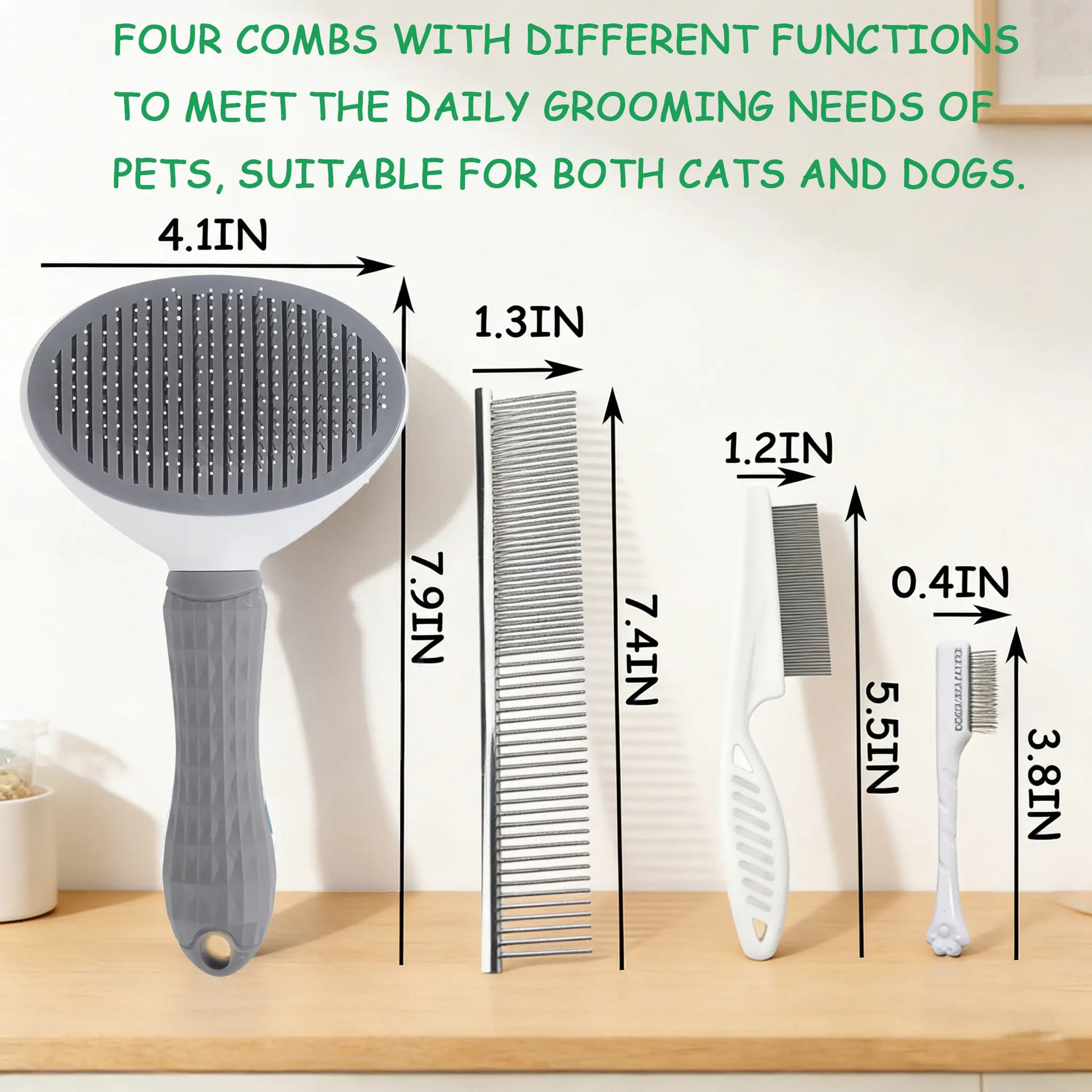 Professional Pet Grooming Kit - 4-Piece Set Including Self-Cleaning Slicker Brush, Dual-Sided Stainless Steel Dematting Comb, Tear Stain Comb, and Fur Removal Tool for Dogs and Cats with Long or Short Hair