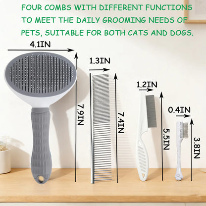 Professional Pet Grooming Kit - 4-Piece Set Including Self-Cleaning Slicker Brush, Dual-Sided Stainless Steel Dematting Comb, Tear Stain Comb, and Fur Removal Tool for Dogs and Cats with Long or Short Hair
