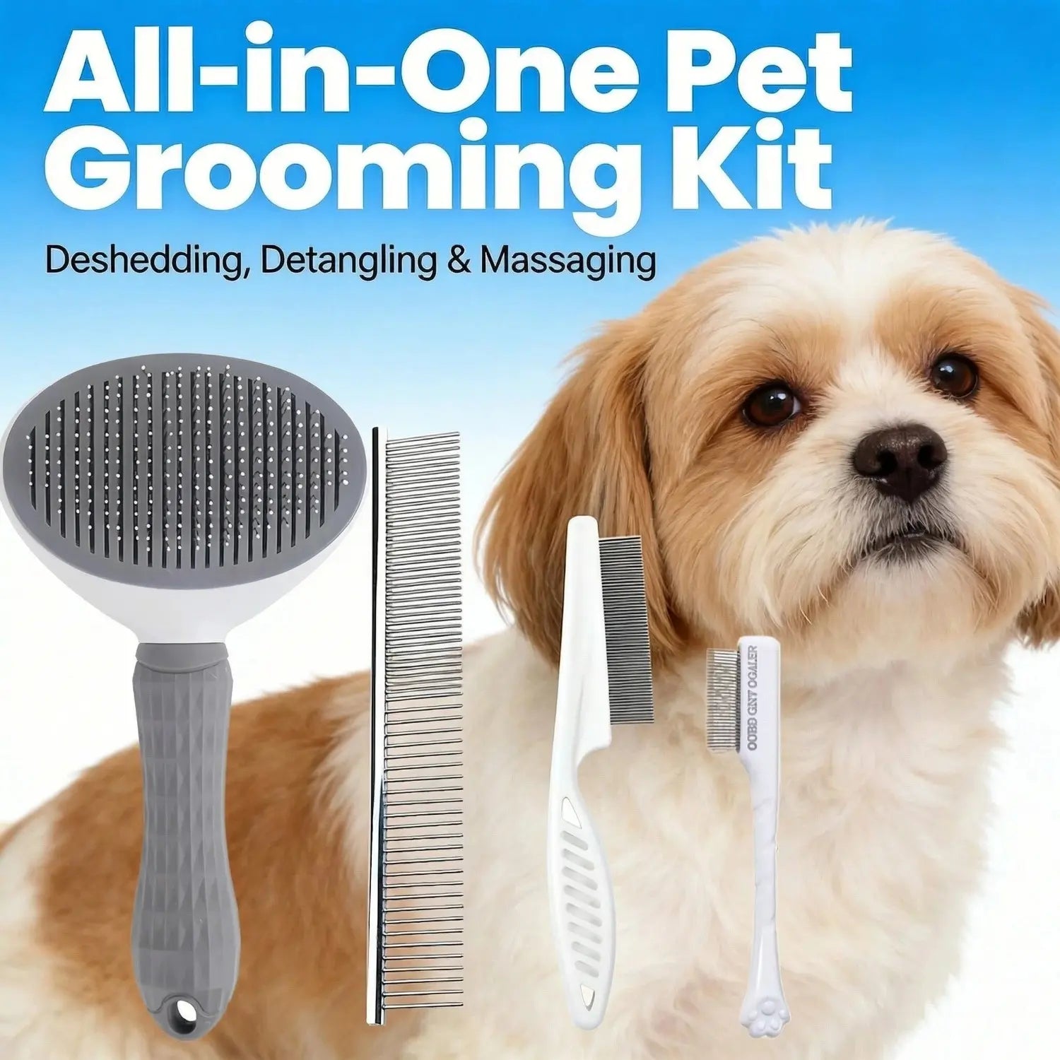Professional Pet Grooming Kit - 4-Piece Set Including Self-Cleaning Slicker Brush, Dual-Sided Stainless Steel Dematting Comb, Tear Stain Comb, and Fur Removal Tool for Dogs and Cats with Long or Short Hair